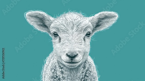  a close up of a sheep's face on a blue background with a black and white drawing of it's head.