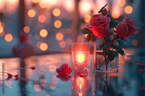Vase With Roses and Candle on Table Romantic Valentines Day Flowers Generative AI