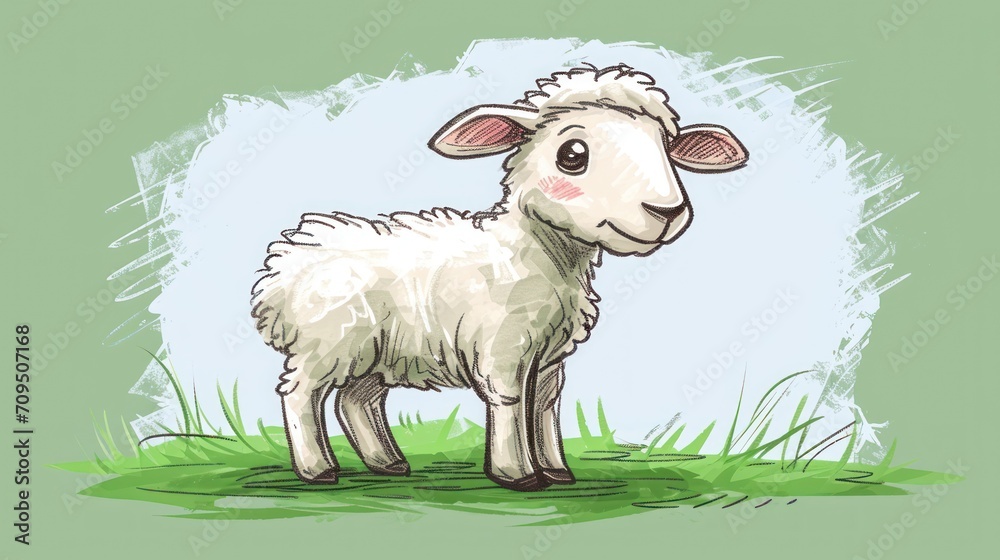 a drawing of a sheep standing on top of a green grass covered field with a blue sky in the background. a drawing of a sheep standing on top of a green grass covered field with a blue sky in the background.
