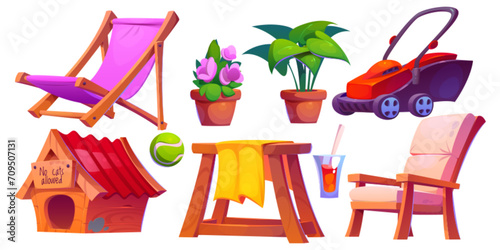 Garden furniture set isolated on white background. Vector cartoon illustration of wooden armchair, chaise lounge and barbecue table, lawn mower, flower pots, dog house and toy ball, cocktail glass