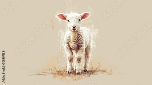  a baby sheep standing on top of a dry grass field next to a brown and white painting of it s face.