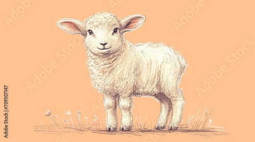  a drawing of a sheep standing in a field with dandelions in the foreground and an orange background.