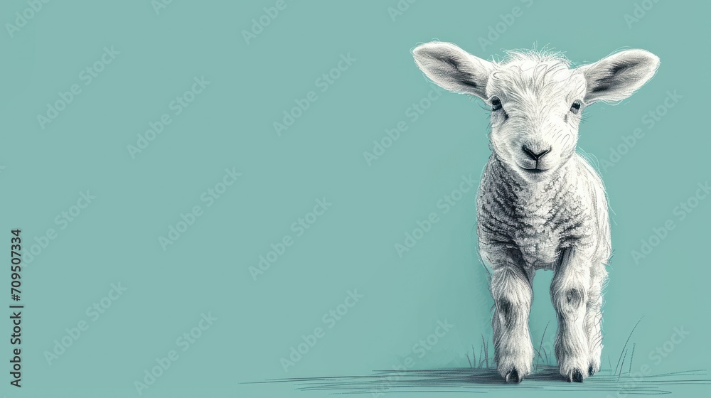 a baby sheep standing on top of a grass covered field next to a blue wall and a light green background. a baby sheep standing on top of a grass covered field next to a blue wall and a light green background.