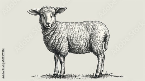  a black and white drawing of a sheep standing on a grass field with it's head turned to the side.