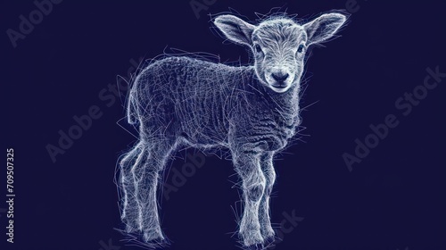  a drawing of a baby goat standing on a dark blue background with lines in the shape of a goat's head. © Shanti