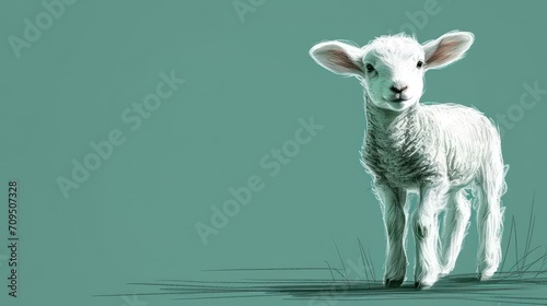  a painting of a lamb standing in a field of grass on a teal green background  looking at the camera with a sad look on its face.