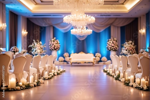 Luxury Wedding hall interior, spotlight, bokeh blurred background