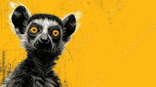 a close up of a small animal on a yellow background with a black and white image of a small animal with yellow eyes.