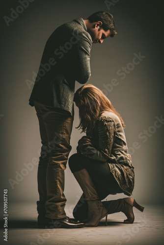 A woman sitting on her knees asks a man for forgiveness.