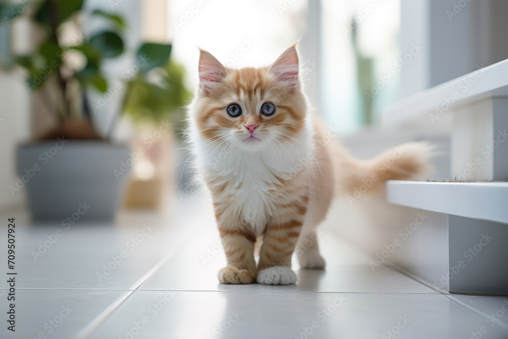 A red-haired kitten walks around the house.