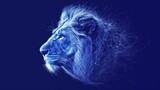  a close up of a lion's face on a blue background with lines of light coming out of the lion's fur.