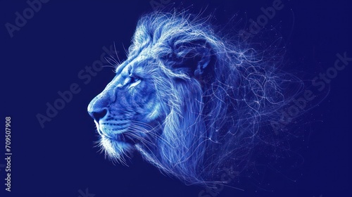  a close up of a lion's face on a blue background with lines of light coming out of the lion's fur.