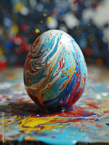 A swirling blend of colours on a painted egg.