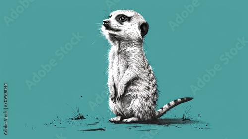  a drawing of a meerkat sitting on its hind legs and looking up at something on a blue background.