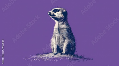  a drawing of a meerkat standing on its hind legs on top of a mound of dirt on a purple background.