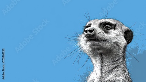  a close - up of a meerkat's face on a blue background with the sky in the background.
