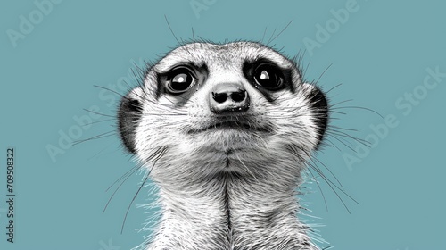  a close up of a meerkat's face on a blue background with the meerkat's eyes wide open.