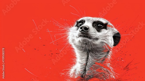  a close up of a meerkat's face on a red background with the meerkat looking up.