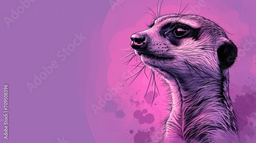  a close up of a meerkat's face on a purple background with the moon in the background.