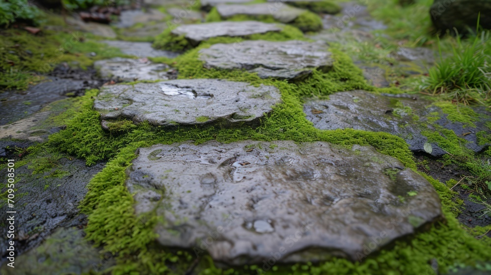 Ancient stone pathway with patches of moss and mold, showing the relentless embrace of nature over man-made structures.