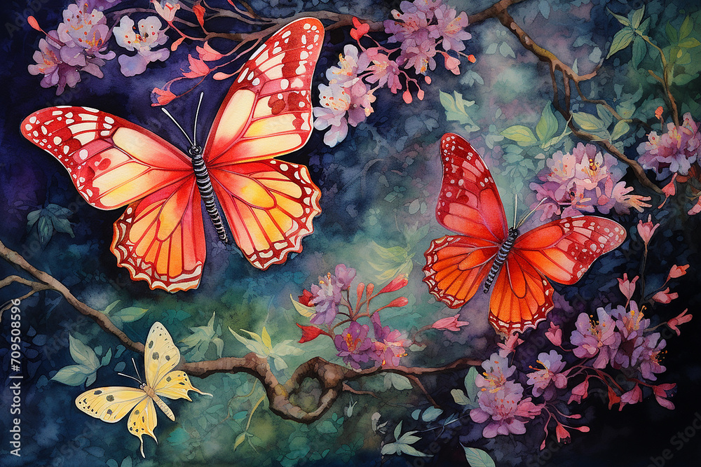 Meadow and colorful butterflies, a spring landscape with blooms and butterflies, the awakening of spring