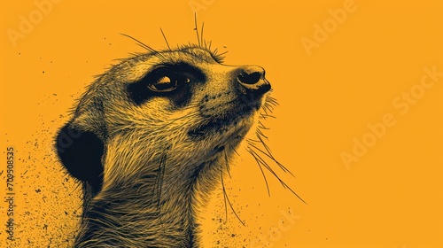  a close - up of a meerkat's face against a yellow background with splatters of dirt.