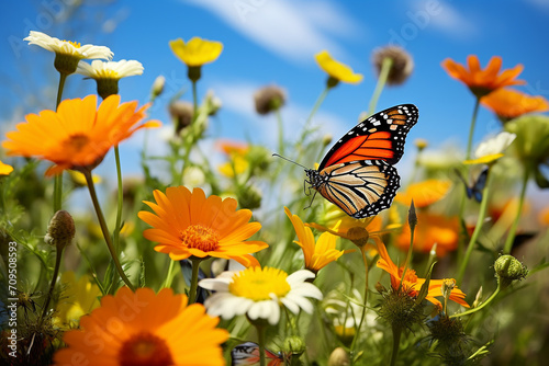 Meadow and colorful butterflies, a spring landscape with blooms and butterflies, the awakening of spring