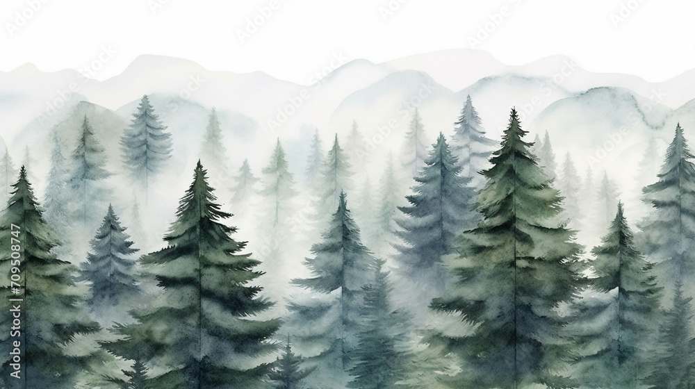 Fototapeta premium Beautiful nature watercolor picture of pine trees.