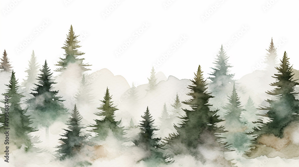 Fototapeta premium Beautiful nature watercolor picture of pine trees.