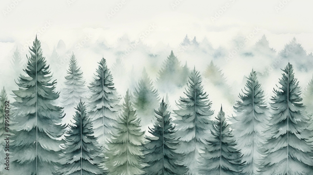 Beautiful nature watercolor picture of pine trees.