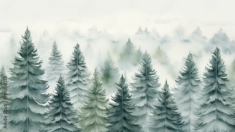 Fototapeta premium Beautiful nature watercolor picture of pine trees.