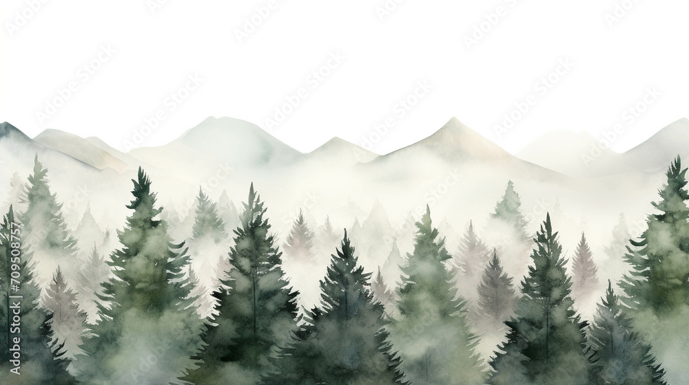 Fototapeta premium Beautiful nature watercolor picture of pine trees.