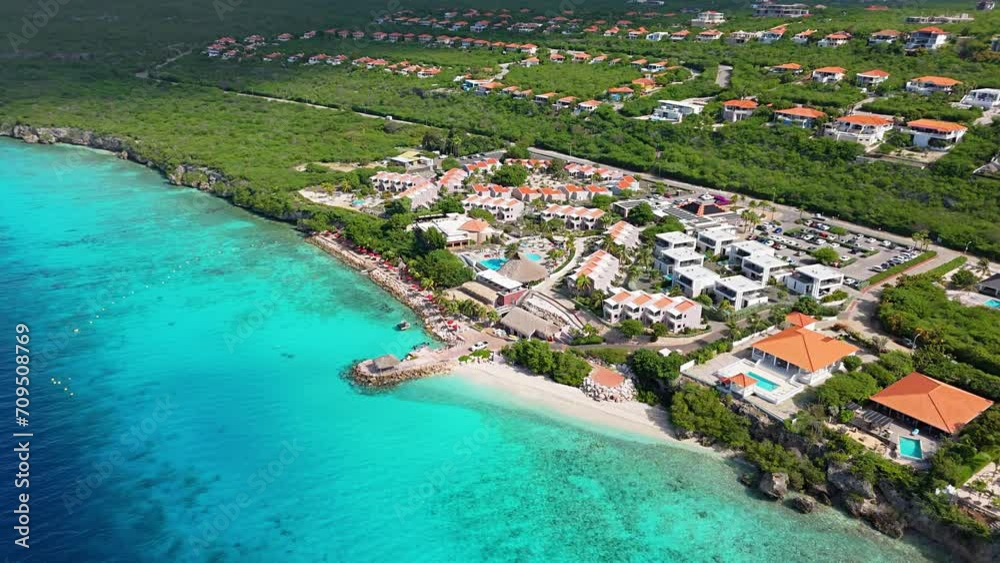 Panoramic aerial establishing overview of Karakter beach and luxury resort estate behind