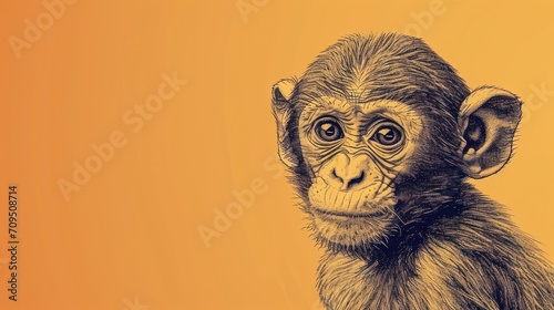  a drawing of a monkey's face with one eye open and the other half closed, on an orange background. photo