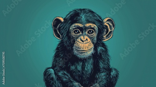  a drawing of a chimpan on a teal background of a monkey with a surprised look on its face.