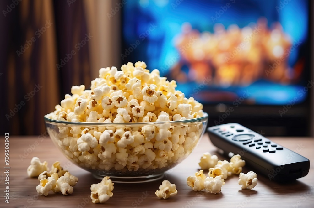 Popcorn in a glass bowl and remote control in front of the TV in a home interior, blurred boke background Popcorn in a glass bowl and remote control in front of the TV in a home interior, blurred boke background