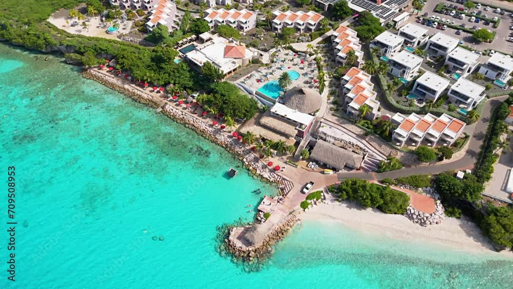 Bird's eye view above Karakter beach and sandy shores with clear Caribbean ocean water