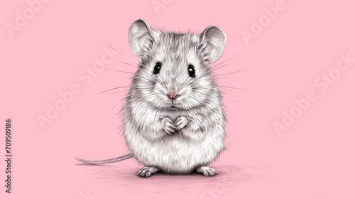  a drawing of a mouse sitting on its hind legs with its front paws in the shape of a heart on a pink background.