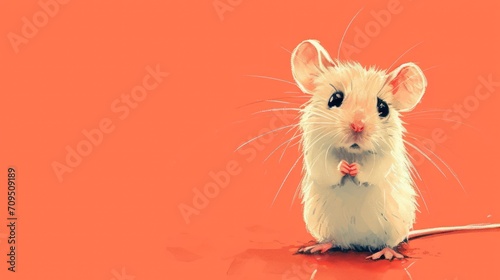  a white rat with a bow tie on its neck sitting on a red surface in front of an orange background. © Shanti