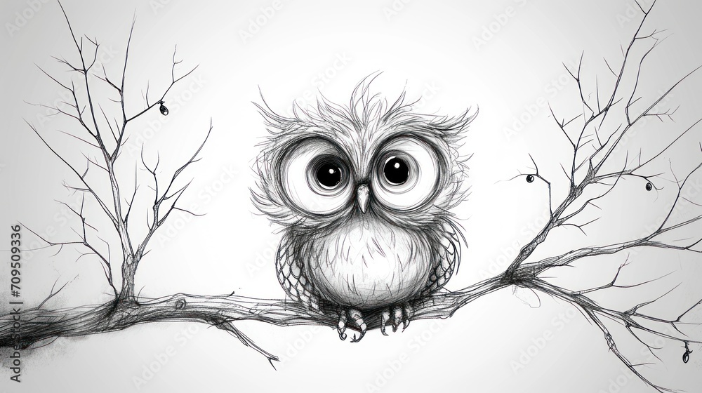 a black and white drawing of an owl sitting on a tree branch with no ...