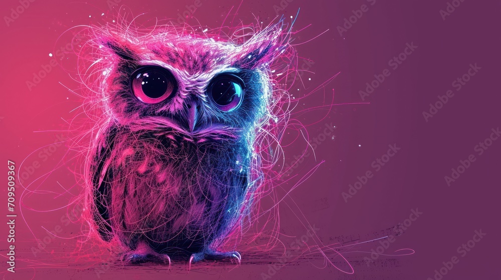 a colorful owl with big eyes sitting on a pink and purple background with lines coming out of it's eyes. a colorful owl with big eyes sitting on a pink and purple background with lines coming out of it's eyes.