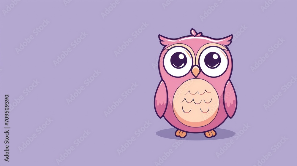  a pink owl with big eyes sitting on a purple background with a purple background and a purple background with a light purple background.