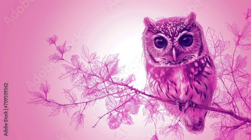  a picture of an owl sitting on a branch of a tree on a pink background with leaves in the foreground. © Shanti