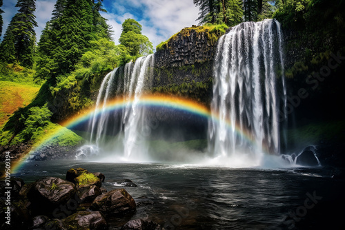 Spring waterfalls landscape with rainbow