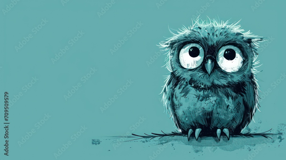  a drawing of an owl with big eyes sitting on a branch with a blue background and a green back ground.