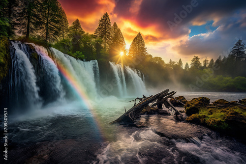 Spring waterfalls landscape with rainbow