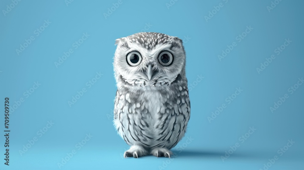 a close up of an owl with big eyes on a blue background with a shadow of the owl on the left side of the image. a close up of an owl with big eyes on a blue background with a shadow of the owl on the left side of the image.