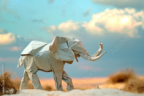 origami elephant is positioned on a red-orange surface that resembles the ground of a desert photo