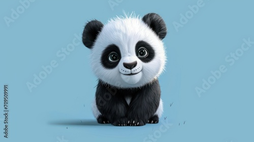  a black and white panda bear sitting on top of a blue surface with its eyes wide open and a smile on its face.