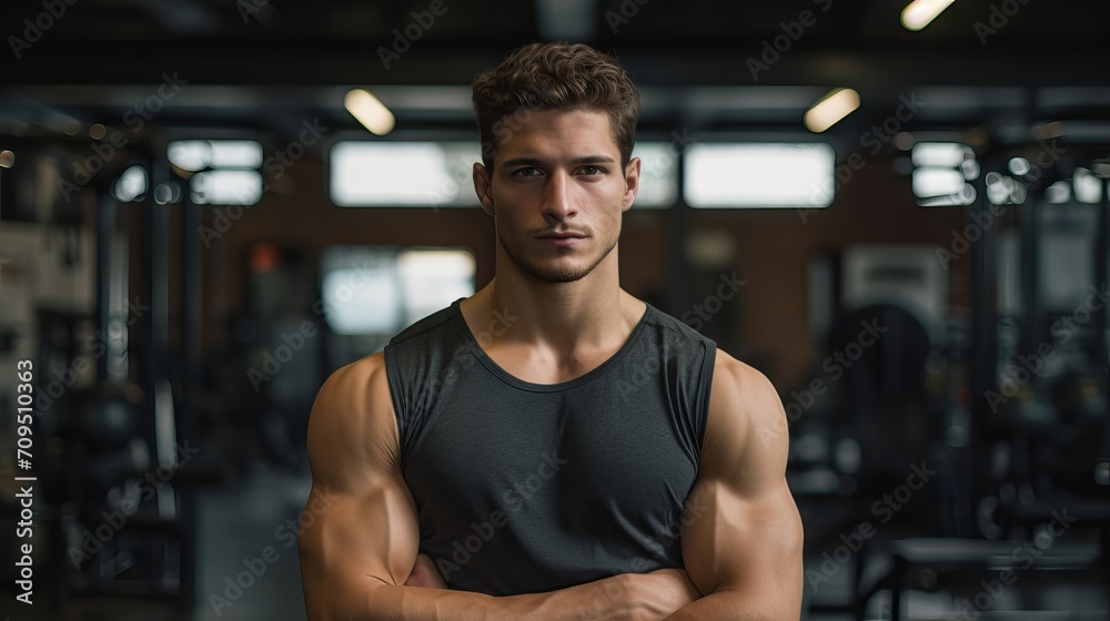 Fit and handsome male model working out in modern fitness center